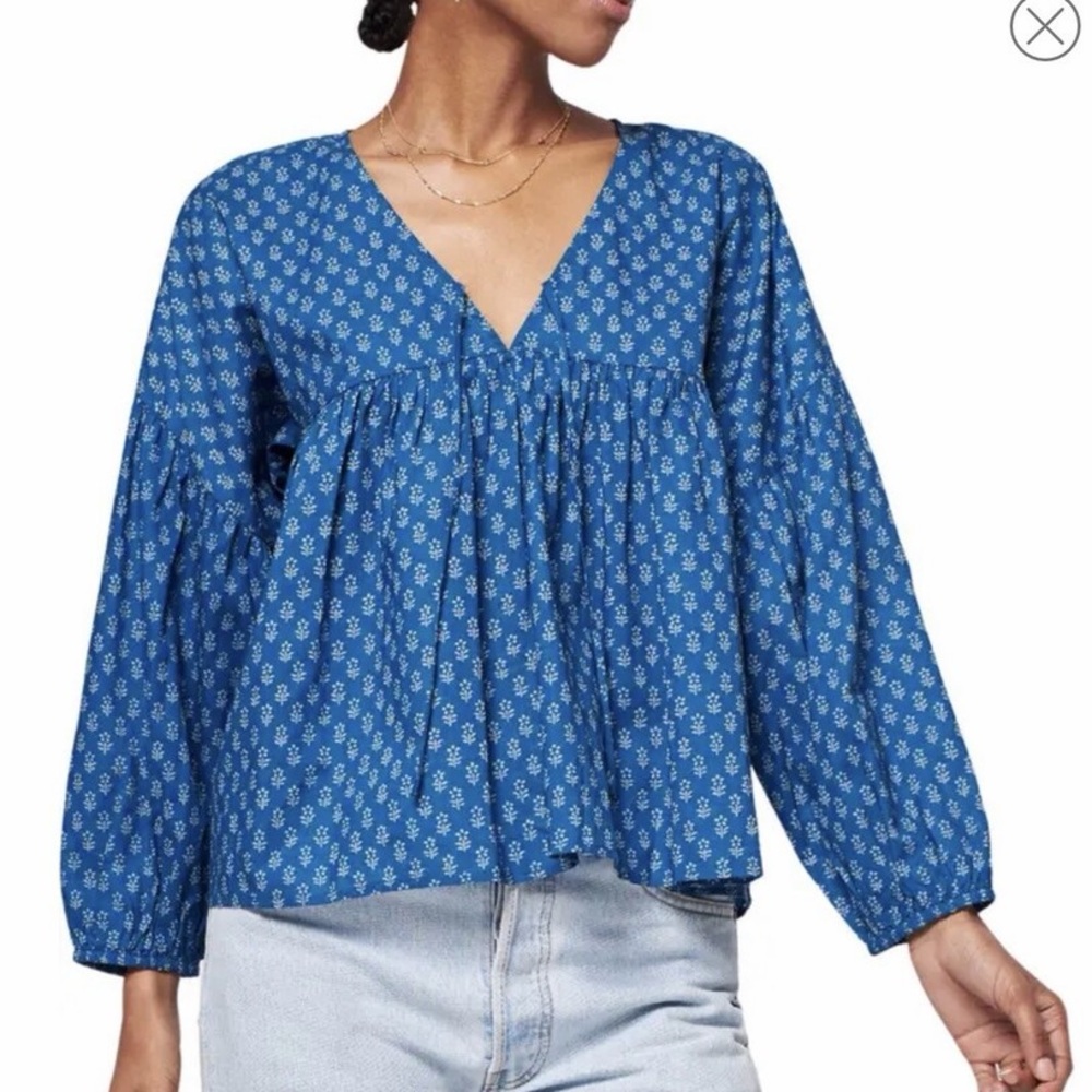 Faherty Lyla Blue Patterned Blouse | Long Sleeve, Organic Cotton | Size Medium